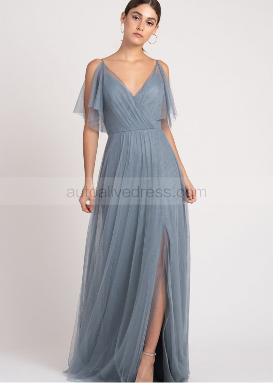 V Neck Blue Gray Tulle Slit Bridesmaid Dress